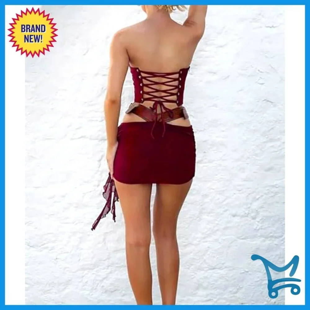 Leather Patchwork Two Piece Set Off Shoulder Tube Top High Waist Ruched Mini